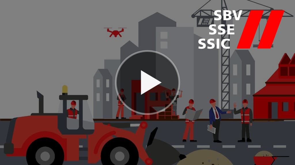 BauTechTalk-Vorschaubild SBV/SSE: stilisierte Baustelle mit zentriertem Play-Button.