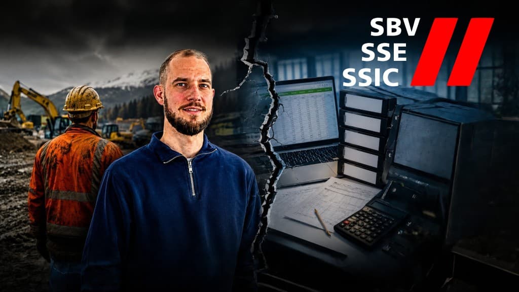 SBV/SSE-Motiv: schlammige Baustelle und Büro mit Tabellenkalkulation, getrennt durch einen vertikalen Riss; Portrait im Vordergrund.